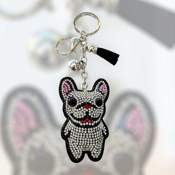 Sparkling Cartoon French Bulldog Badge Charm Keychain with Rhinestones and Tasse - Picture 1 of 5